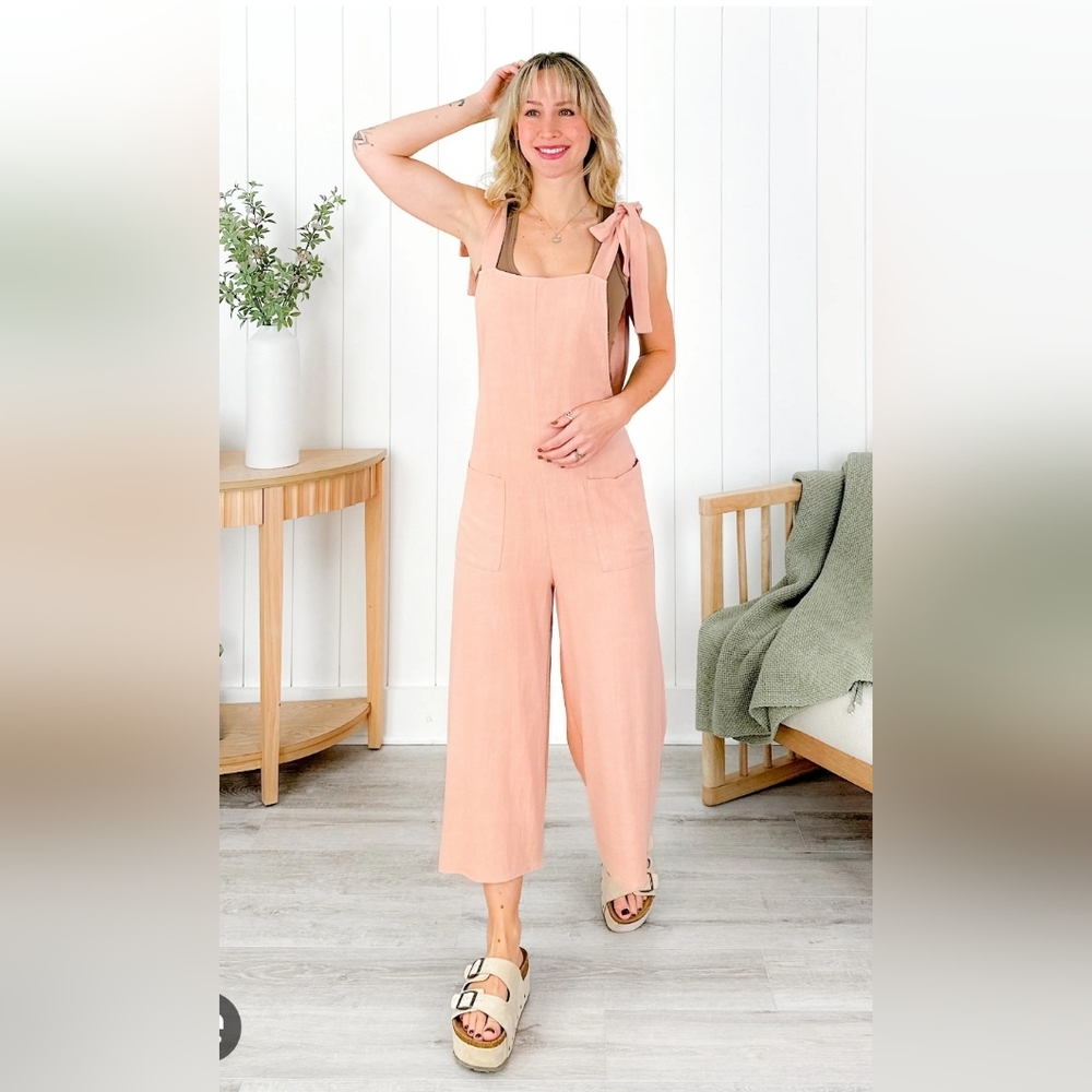 NWT Petal Dew Adjustable Tie Shoulder Strap Overall Jumpsuit - Blush Color Sz L